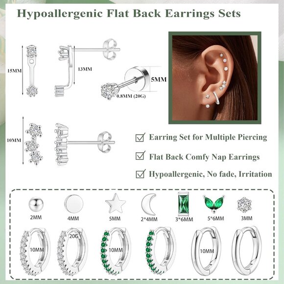 Silver Hypoallergenic Flat Back Cartilage Earring Set - 20G Surgical Steel, Tren - Picture 4 of 6